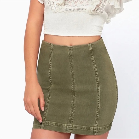 FREE PEOPLE NWT Army Olive Green Stretch Denim Cotton Fitted Mini Skirt Sz 2 - Picture 8 of 16